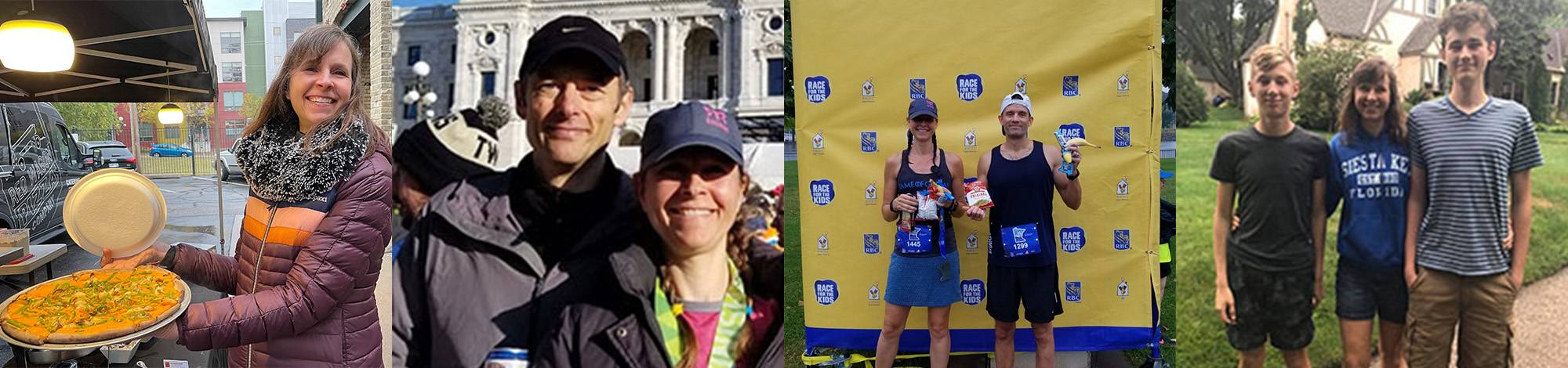 Four images of Amy: holding a pizza, standing with her husband, standing with Kevin after a race, standing with her two sons