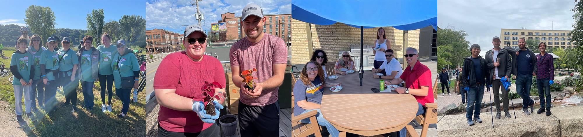 Four images of Isthmus team members: volunteering at a bike event, holding plants, sitting at a table under a blue umbrella, and standing on a rock at a park