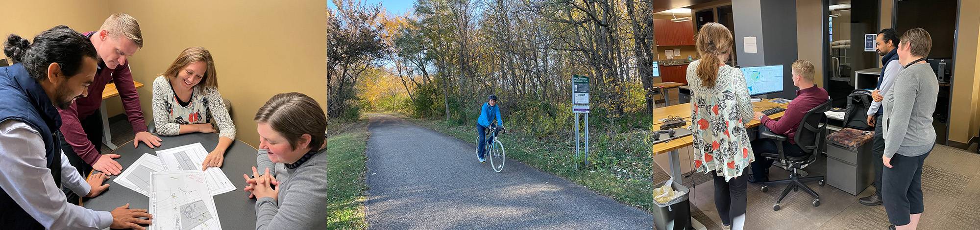 Three images: people looking at engineering plans, a bicyclist riding on a path, people standing and looking at a computer monitor