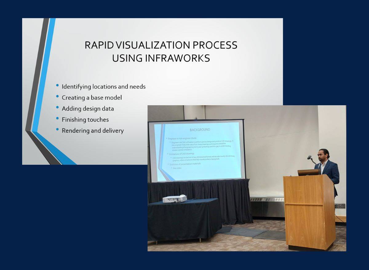 Slide that says Rapid Visualization Process Using Infraworks and photo of Pravin standing behind a podium