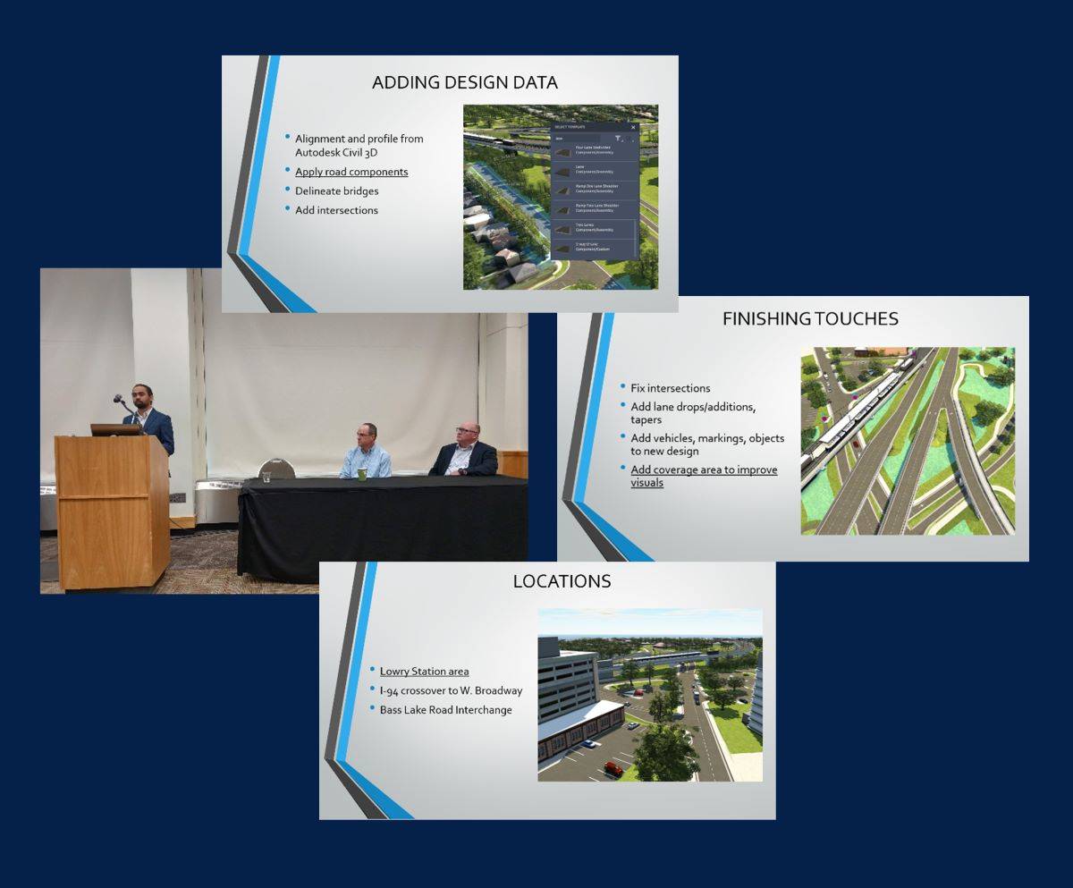 collage of three presentation slides (Adding Design Data, Finishing Touches, and Locations) and one photo of Pravin standing behind a podium with two men seated at a table next to him
