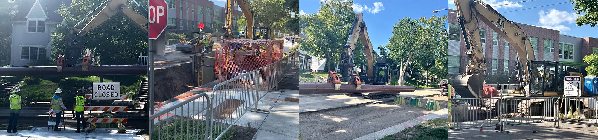 Four images showing utility work on roads: a Road Closed sign with workers in yellow vests, a backhoe digging, and machinery lifting large pipes out of the ground