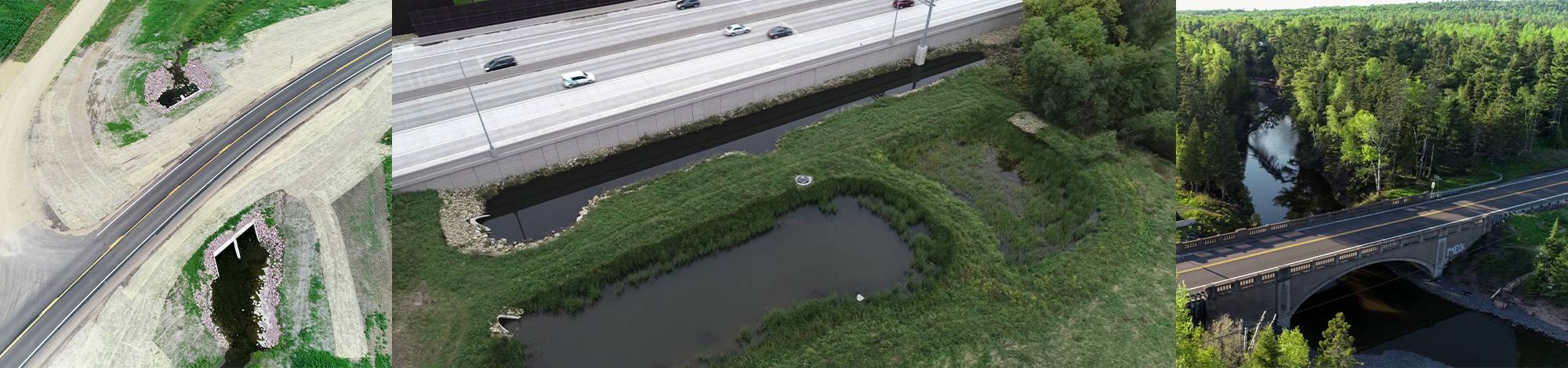 Three images of drainage ditches, roadways, and a bridge